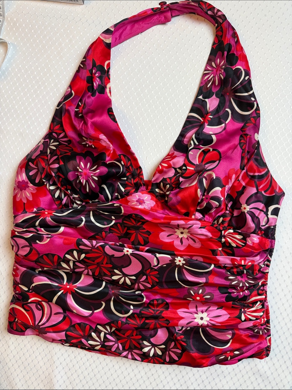 JS Collections 100% silk Pink and Black Floral Halter Tank Top